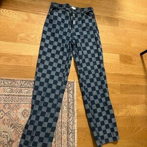 Blue Straight Leg Checkered Jeans